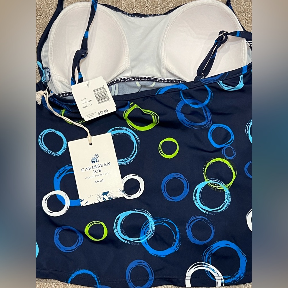 New Caribbean Joe Tankini Swim Top Women's 14 Navy Blue Geometric Abstract NWT - Picture 4 of 7